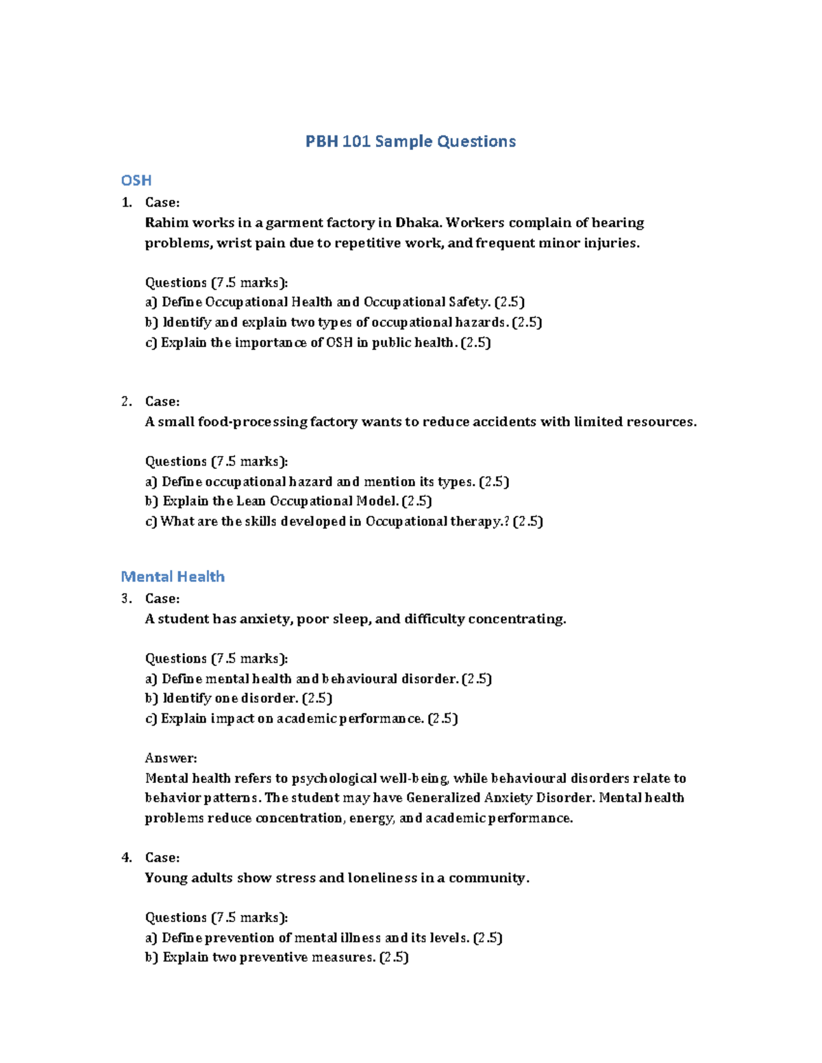 PBH 101 Sample Questions: OSH, Mental Health, SRHR & Climate Change ...