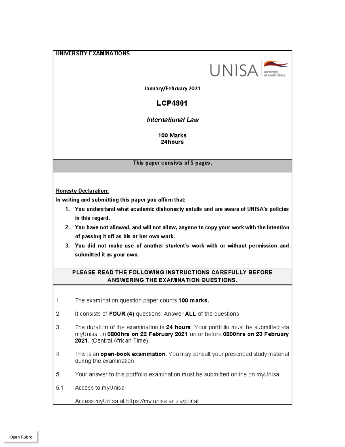 LCP4801 Final Exam January 2021: International Law Questions and ...
