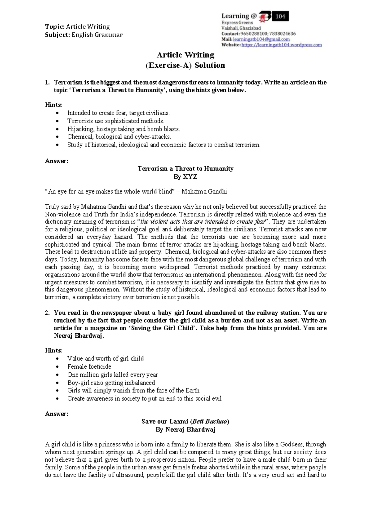 Article writing exercise a solution - Topic: Article Writing Subject ...