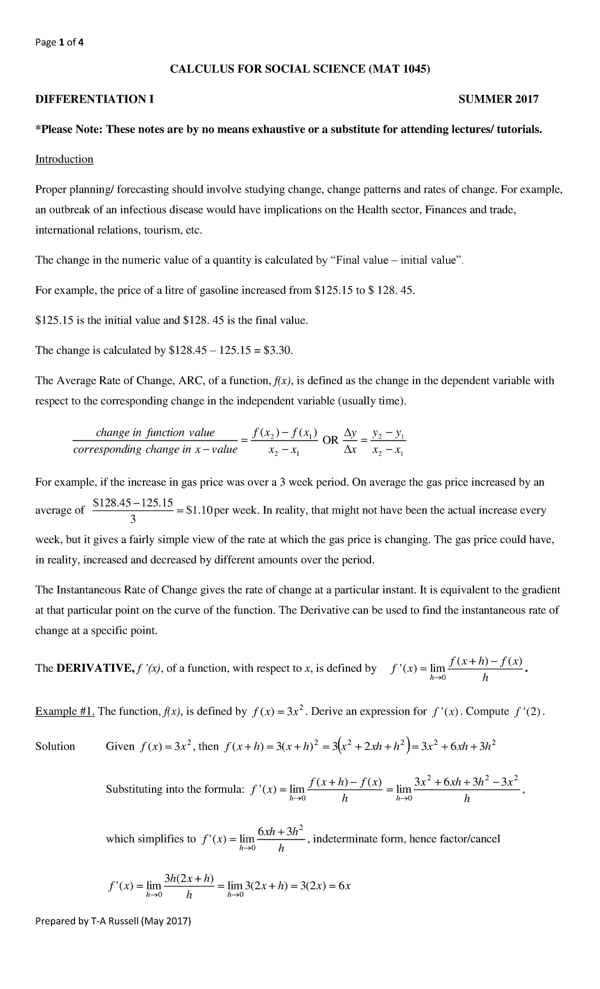 Differentiation Notes 2 - CALCULUS FOR SOCIAL SCIENCE (MAT 1045 ...