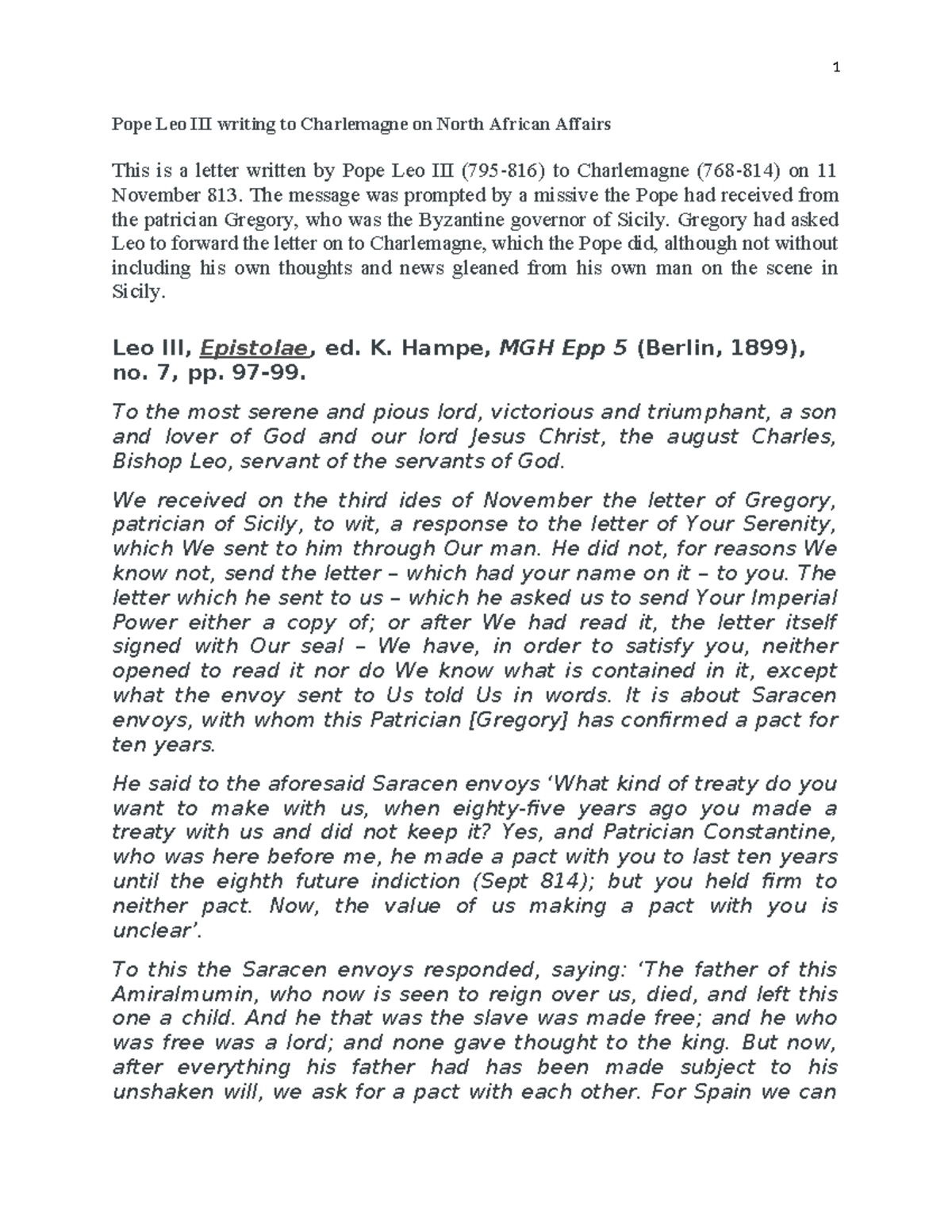 Letter of Pope Leo III to Charlemagne on North African Affairs (813 ...