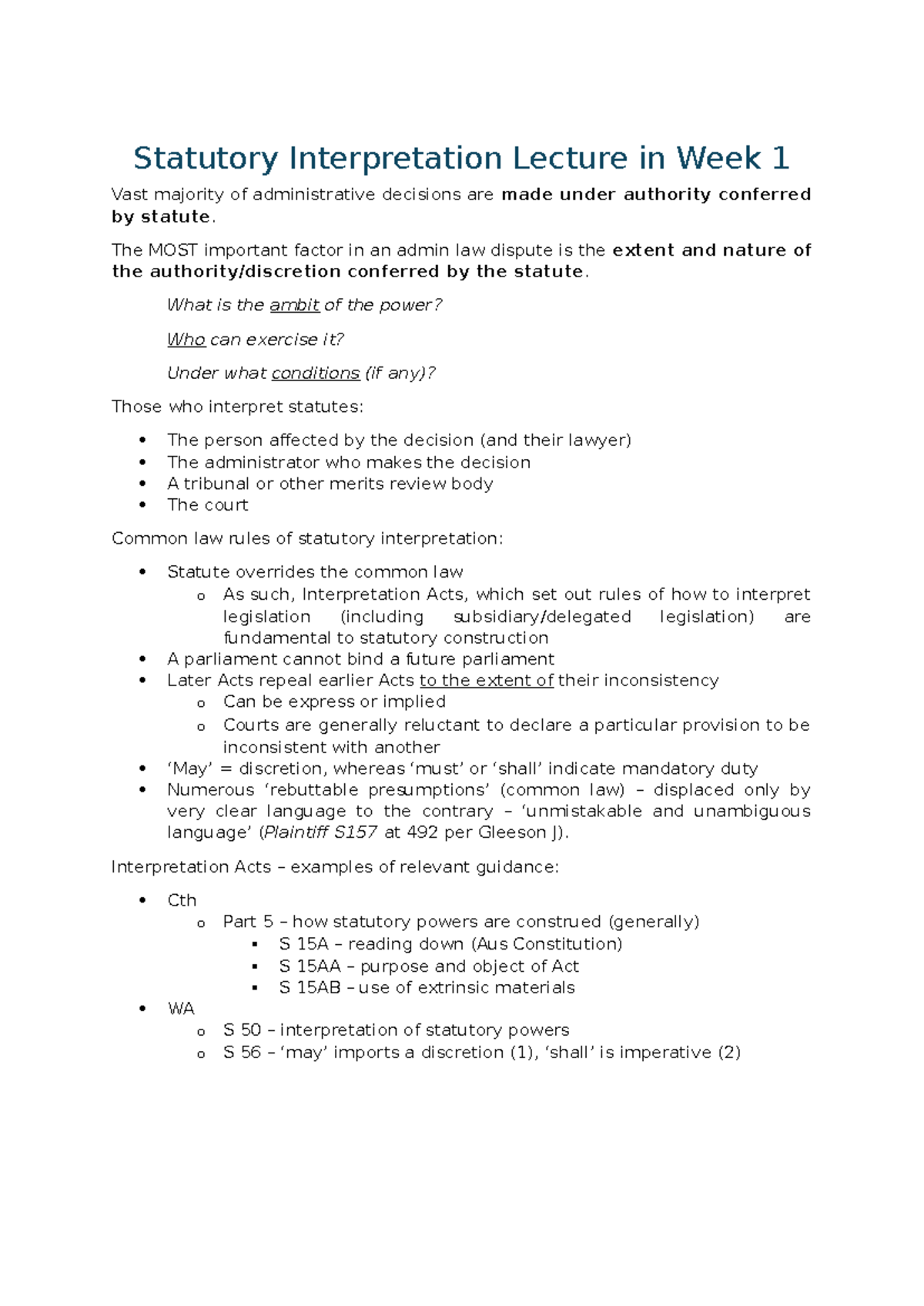 Week 1 Lecture Notes: Statutory Interpretation Overview - Studocu