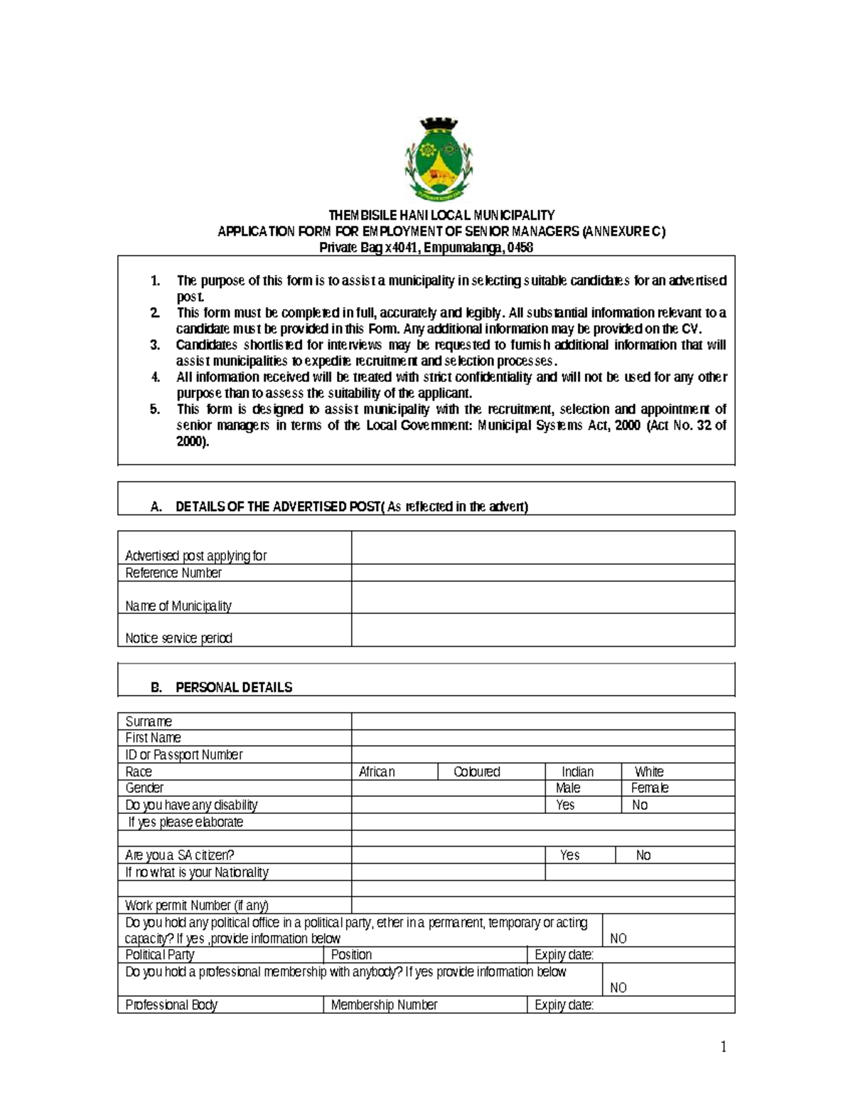 Application Form for Employment of Senior Managers (Annexure C) - Studocu