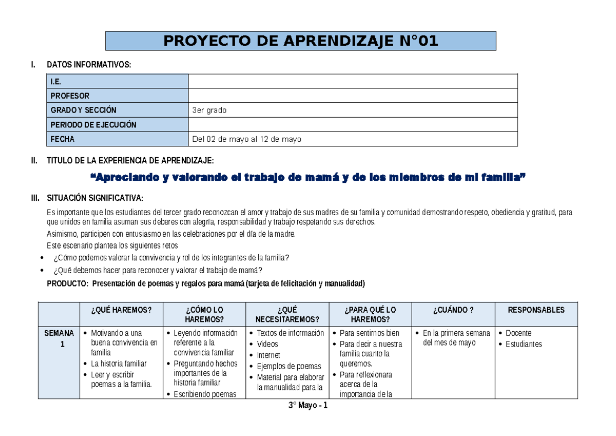 Proyecto de Aprendizaje N°01 - 3° Grado: Valorar a Mamá y la Familia - Document Preview