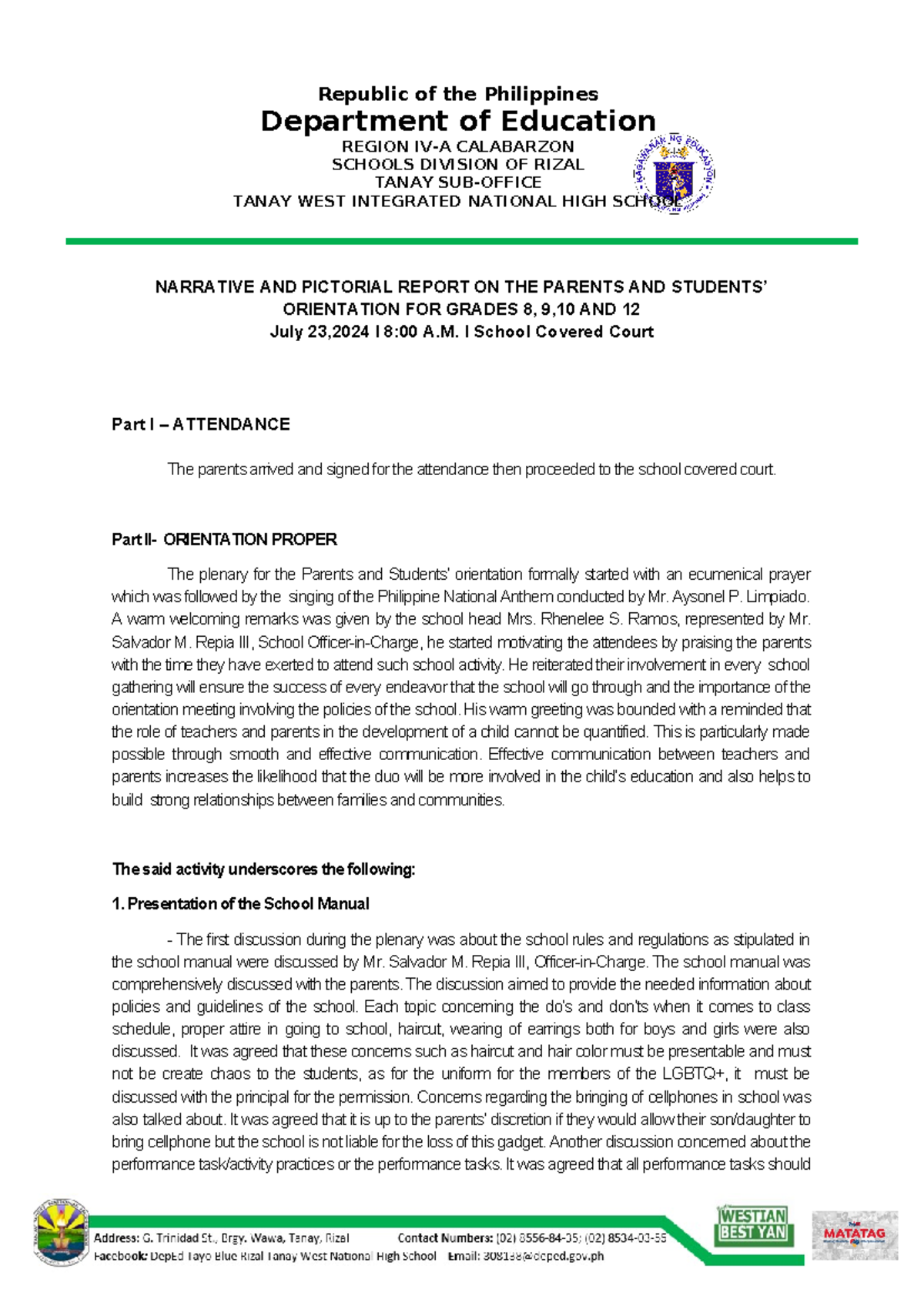 Parents Orientation Narrative Report for Grades 8, 9, 10, & 12 - Studocu