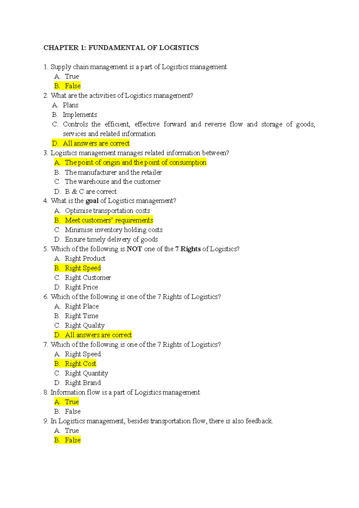 Sample Questions for LM - Logistics Management Exam Prep - Studocu