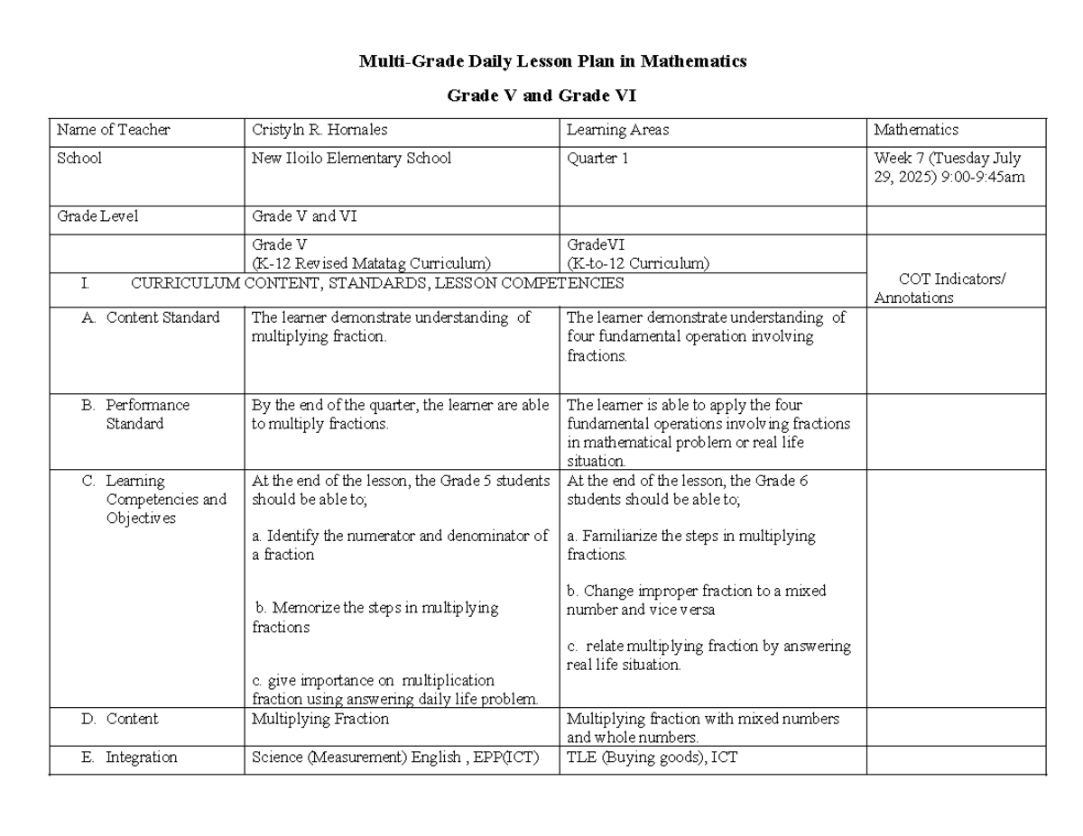 Multigrade Mathematics Lesson Plan: Grade V & VI (Q1 W7) - Studocu