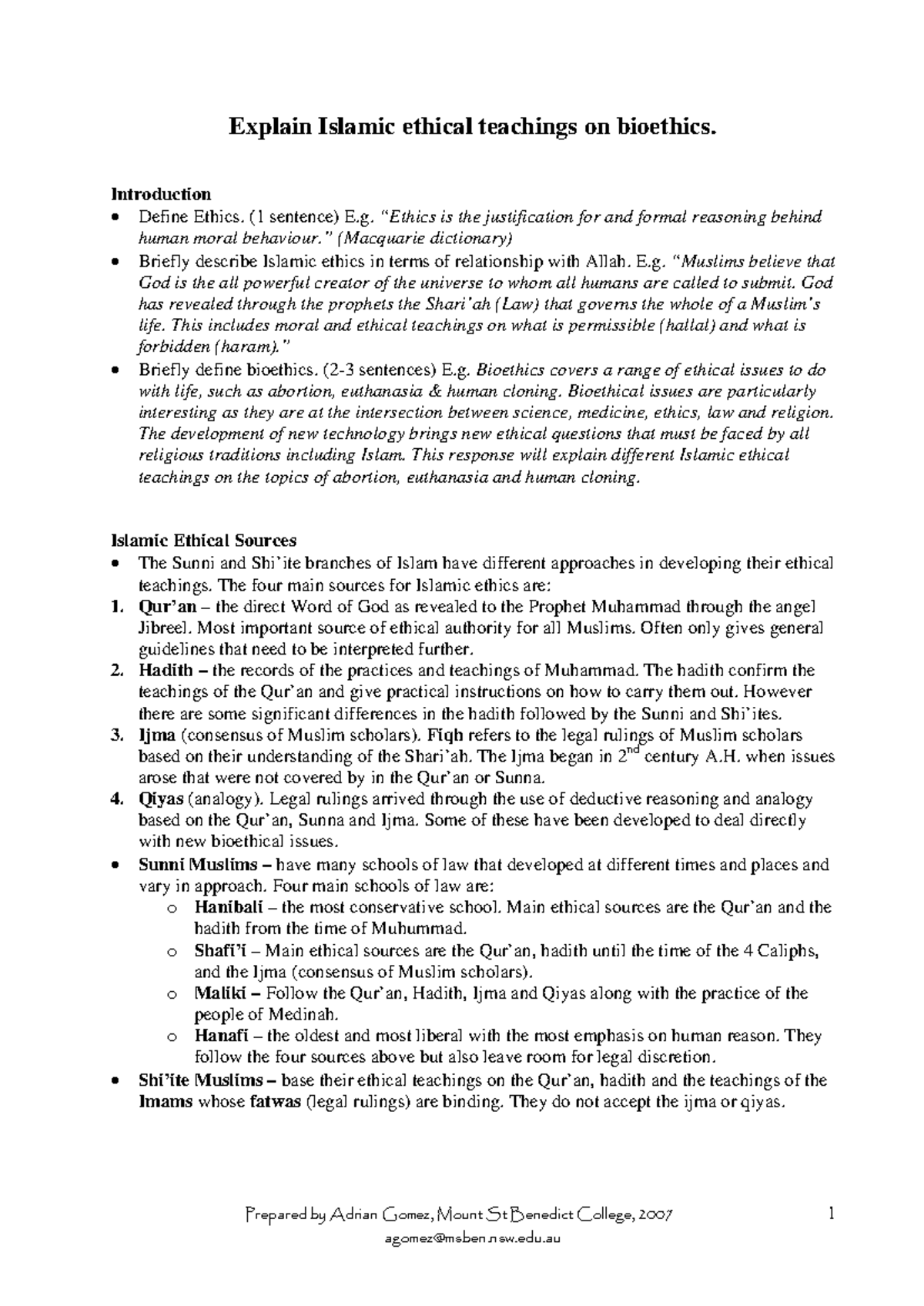 Islamic Bioethics Essay Outline: Key Teachings & Perspectives - Studocu