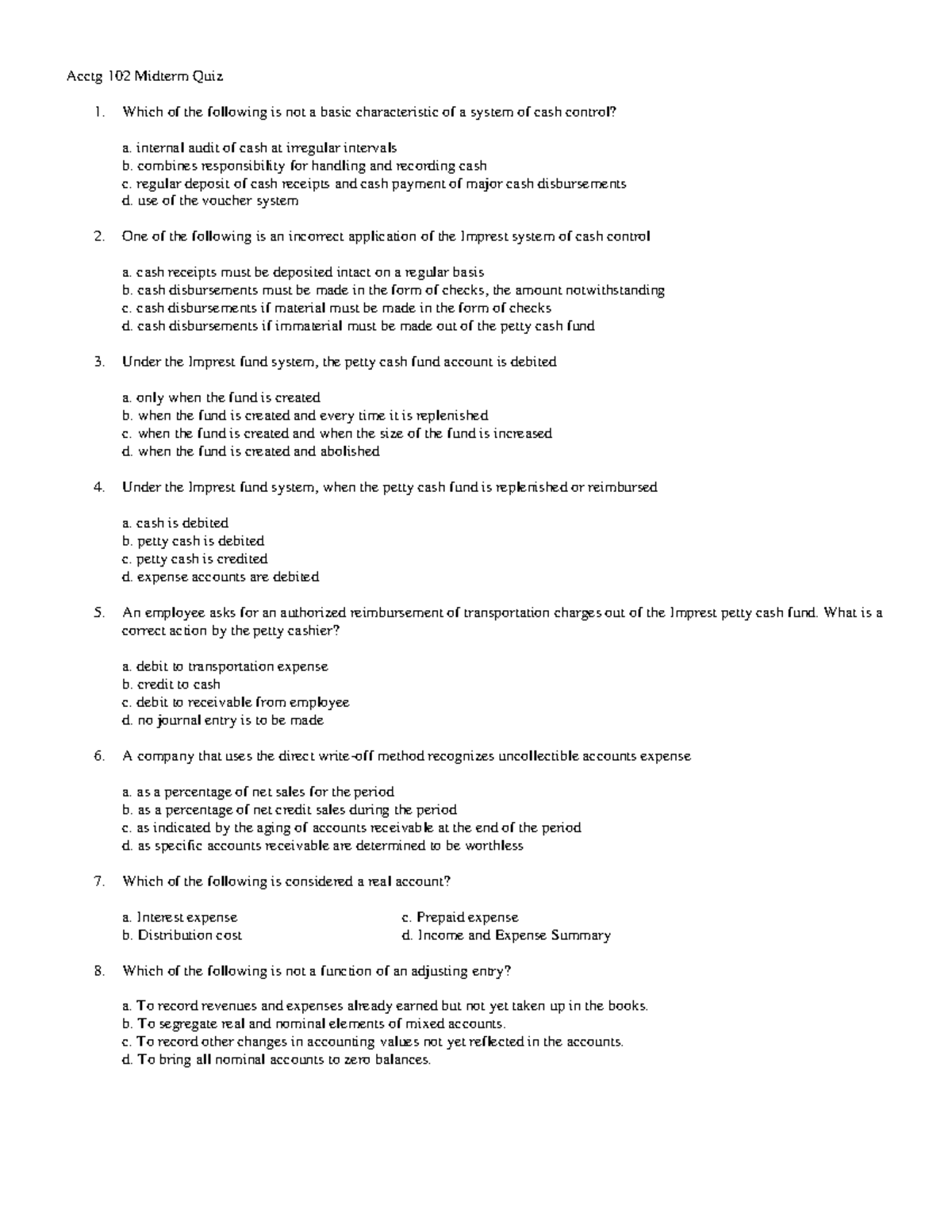 Acctg 102 Midterm Quiz: Key Concepts and Practice Questions - Studocu