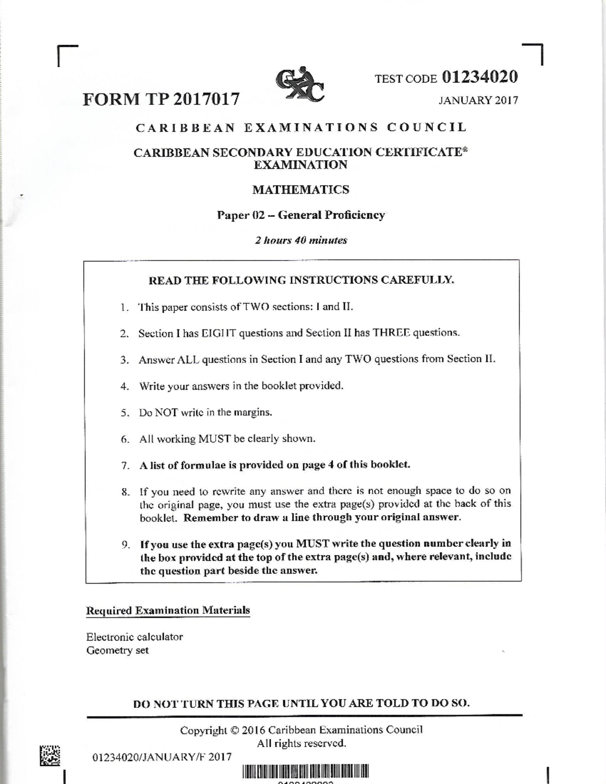 Mathematics CSEC Exam Paper 02 - January 2017 (Test Code 01234) - Studocu