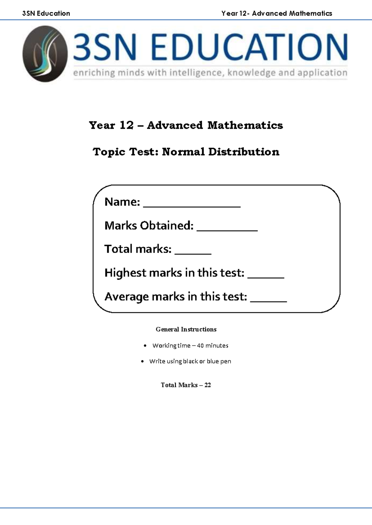 Normal Distribution Test - Year 1 2 – Advanced Mathematics Topic Test ...