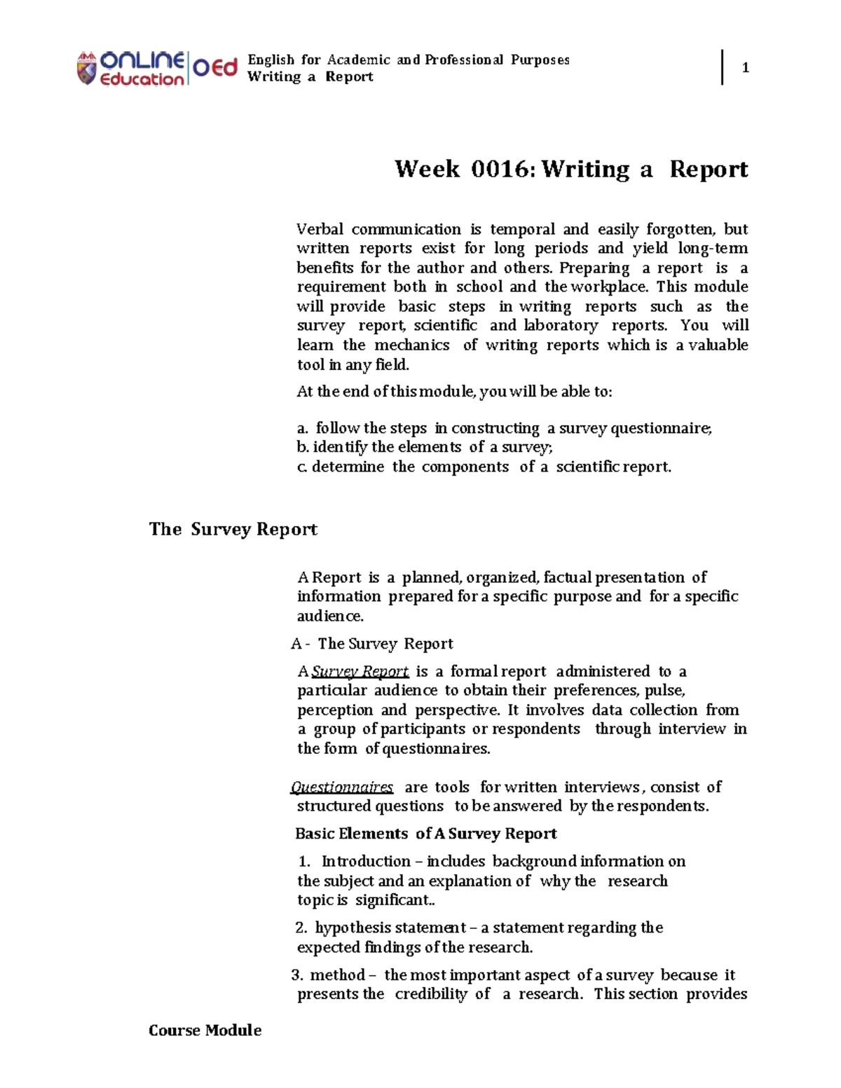 ENG 101: Writing a Comprehensive Survey Report Module 0016 - Studocu