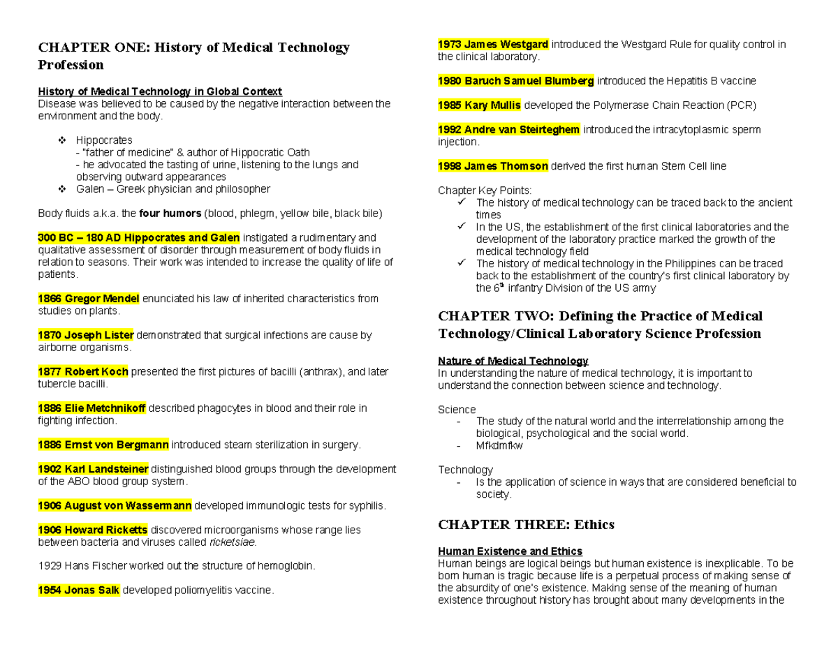 PMLS Notes for Prelims - CHAPTER ONE: History of Medical Technology ...