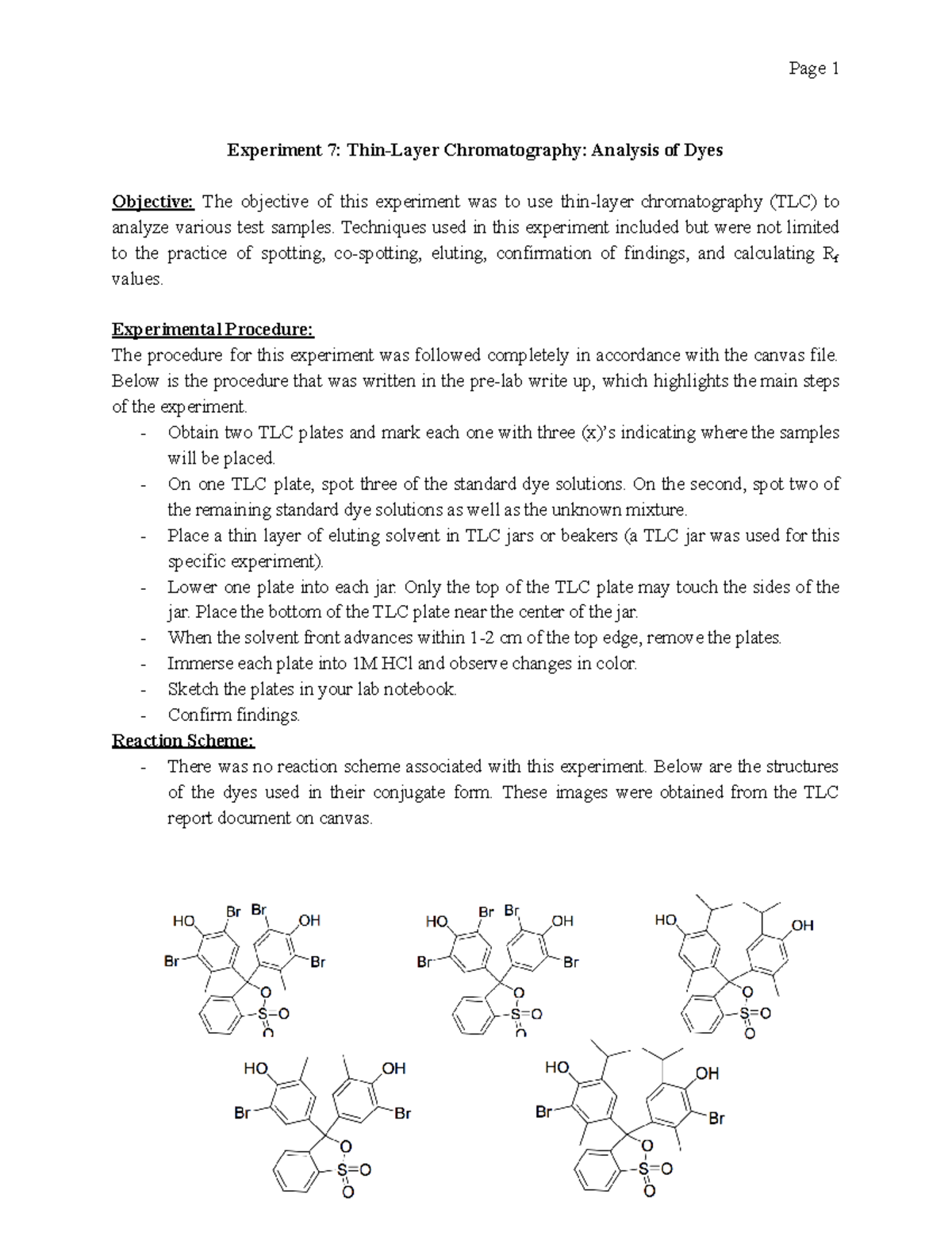 Lab Report 7: Thin-Layer Chromatography Analysis of Dyes in Experiment ...