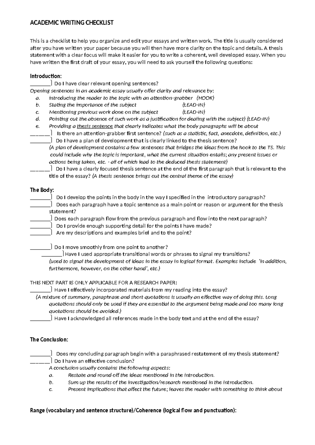 Academic Writing Checklist - Law-FEB-FSE-ART-MED-BSS-HPPhil Guide ...