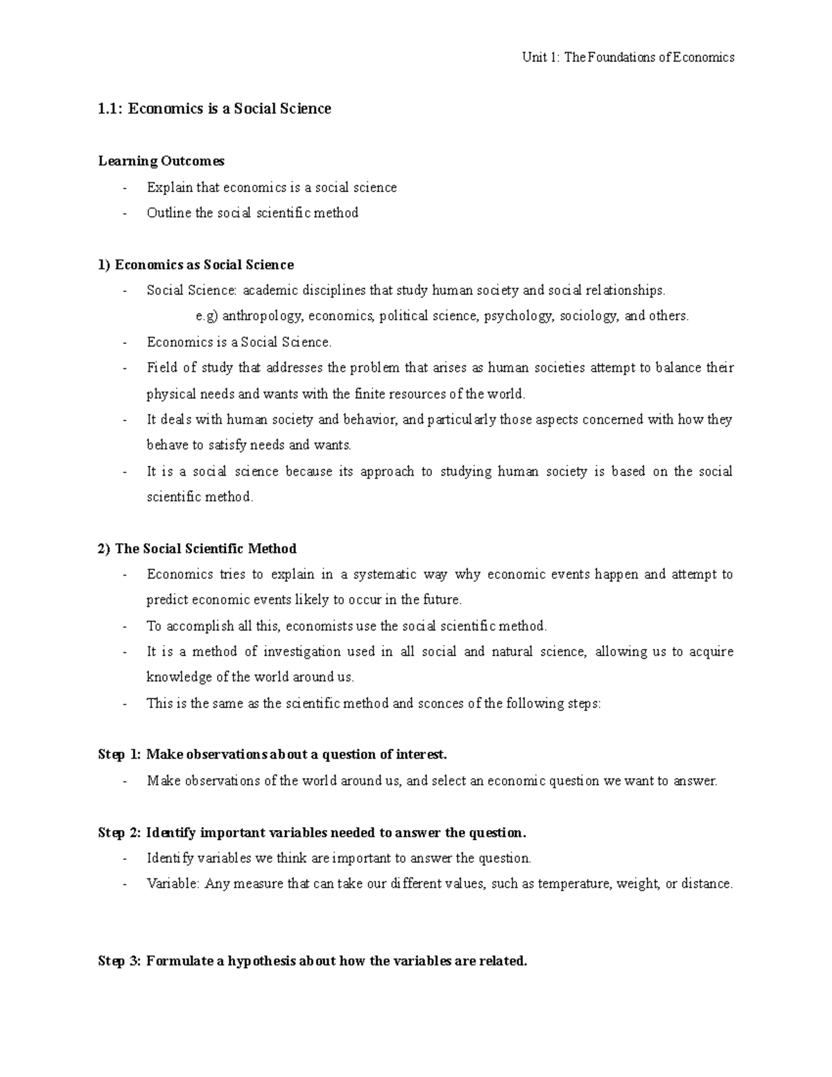 Unit 1.1: Understanding Economics as a Social Science in Society - Studocu
