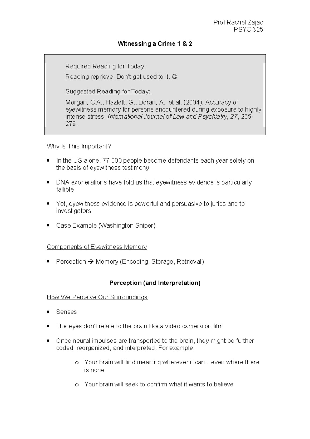 PSYC 325 Lecture Notes: Eyewitness Memory and Its Implications - Studocu