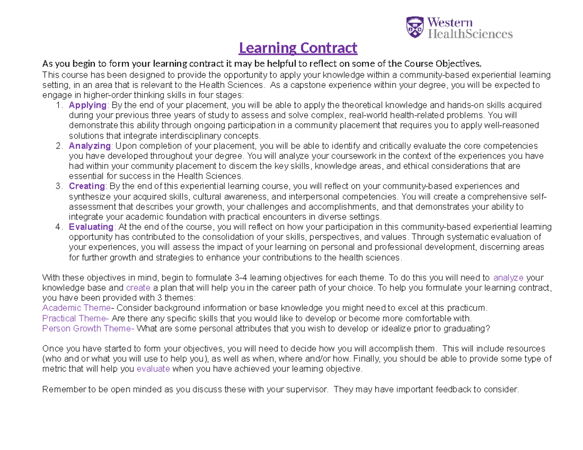 Learning Contract for Health Sciences Practicum 2023 - Studocu