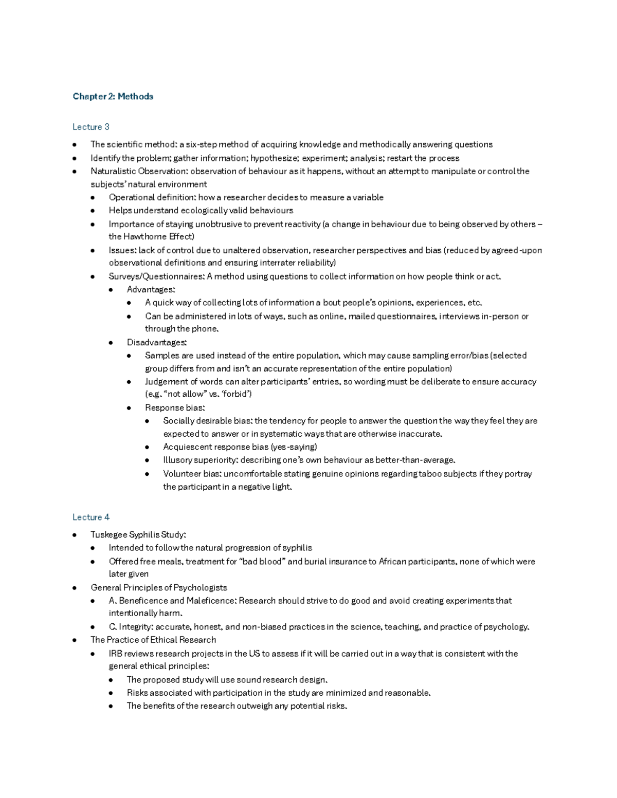 PSY 1101 FE Notes - Chapter 2: Methods Lecture 3 The scientific method ...