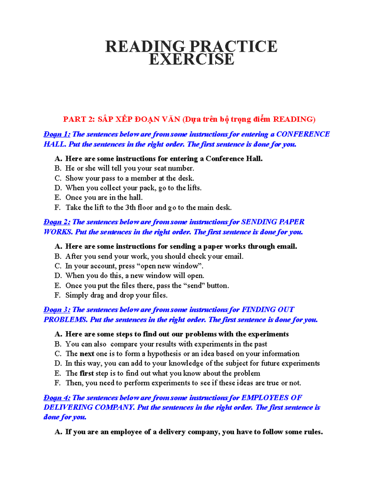 RE 101: Reading Practice Exercise Part 2 - Sentence Ordering ...