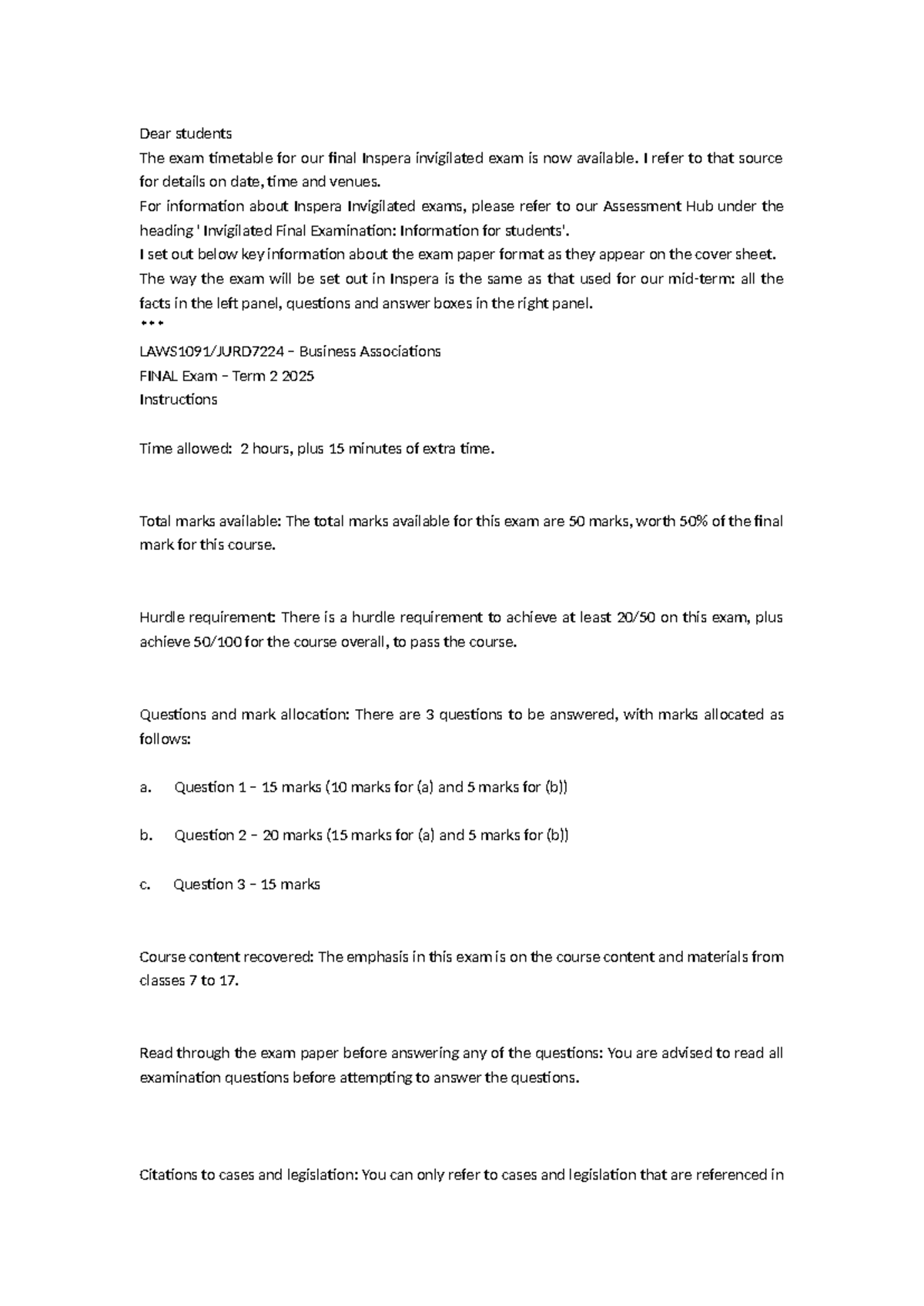 Business Associations (BA) Final Exam Instructions T2 2025 - Studocu
