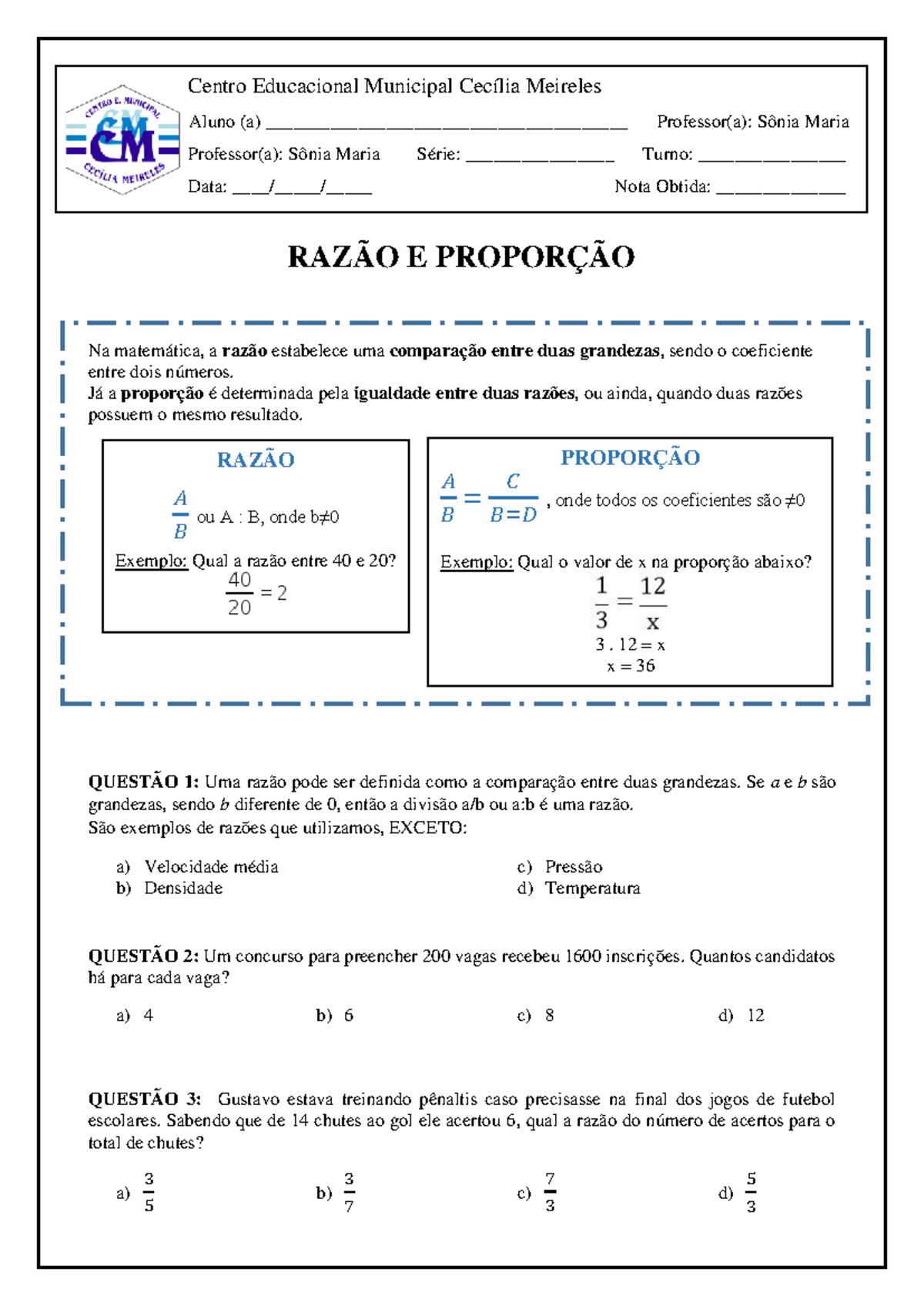 Atividade de Matemática: Razão e Proporção - Questões e Exemplos - Studocu