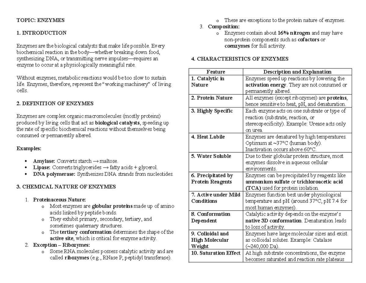 Enzymes: Comprehensive Overview and Classification (BIO 101) - Studocu