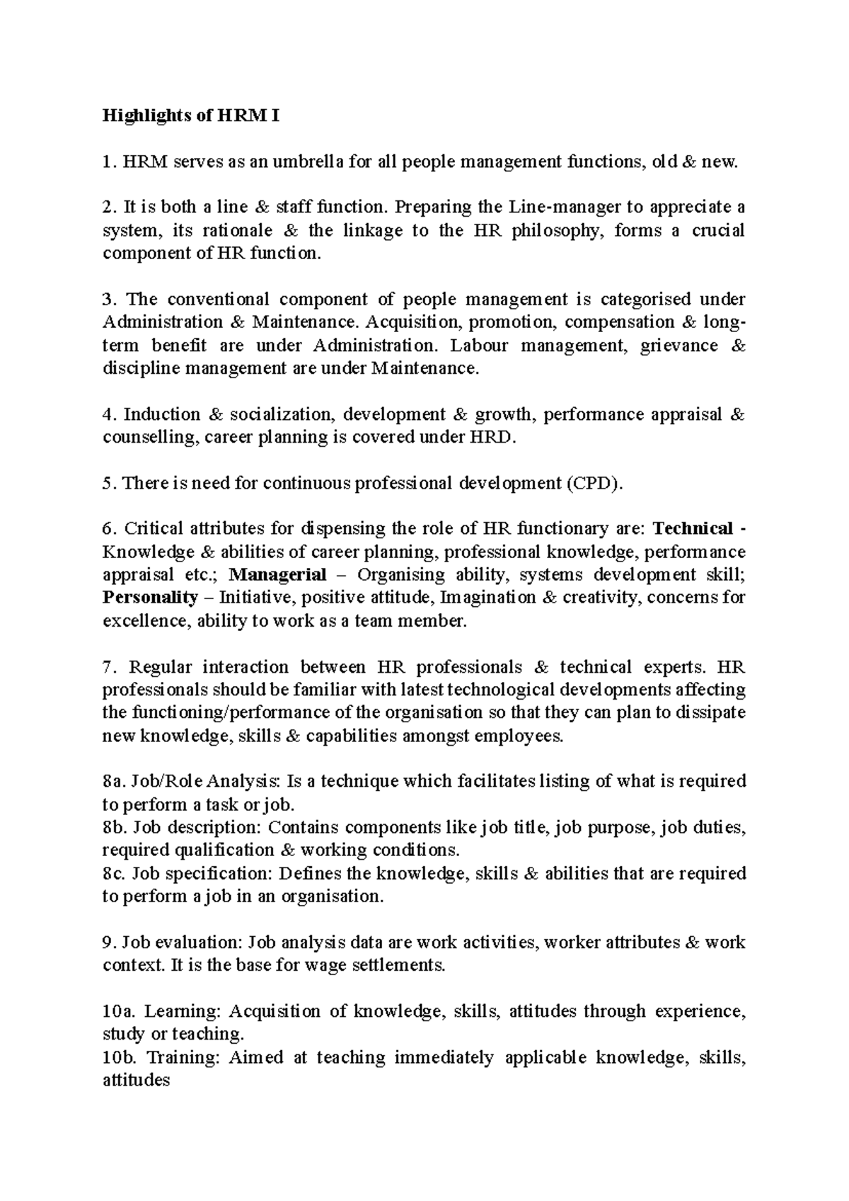 Highlights of HRM I: Key Concepts and Functions - Studocu