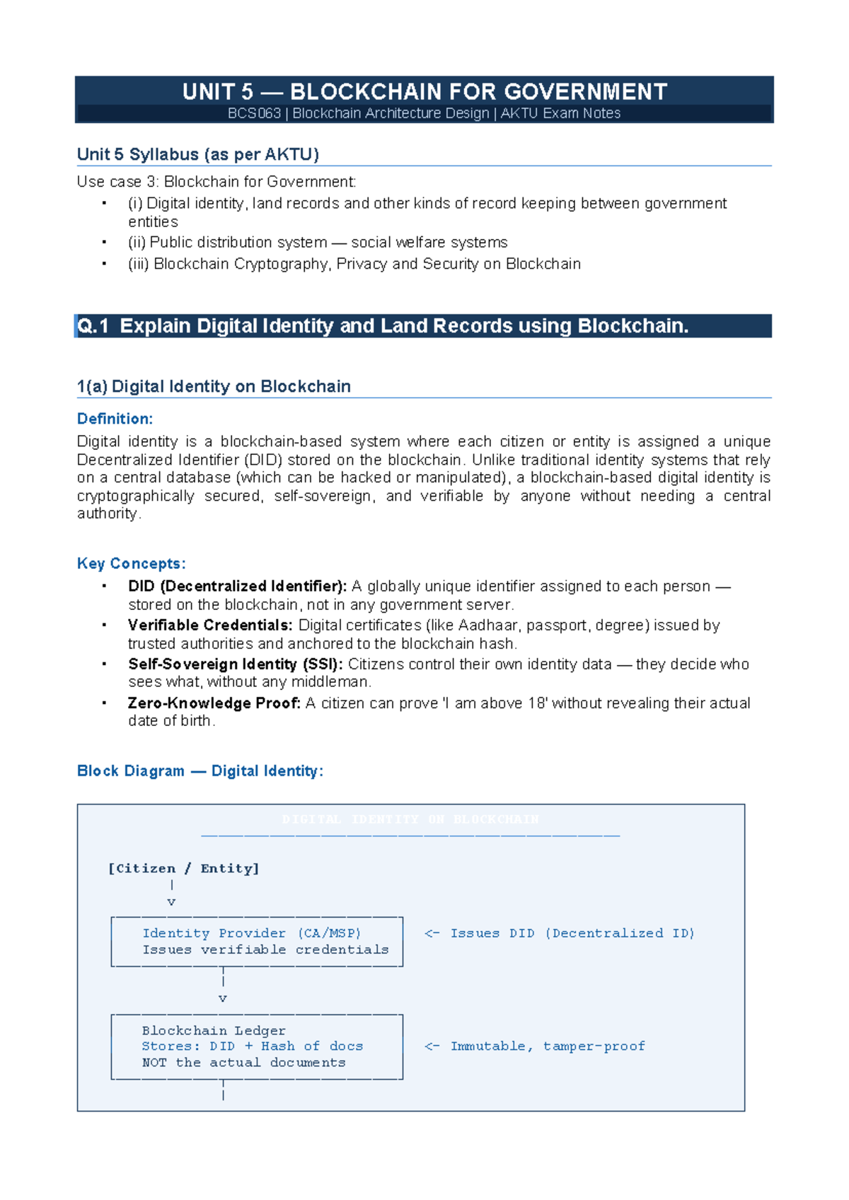 Unit 5 BCS063 Blockchain for Government: Exam Notes and Use Cases - Document Preview