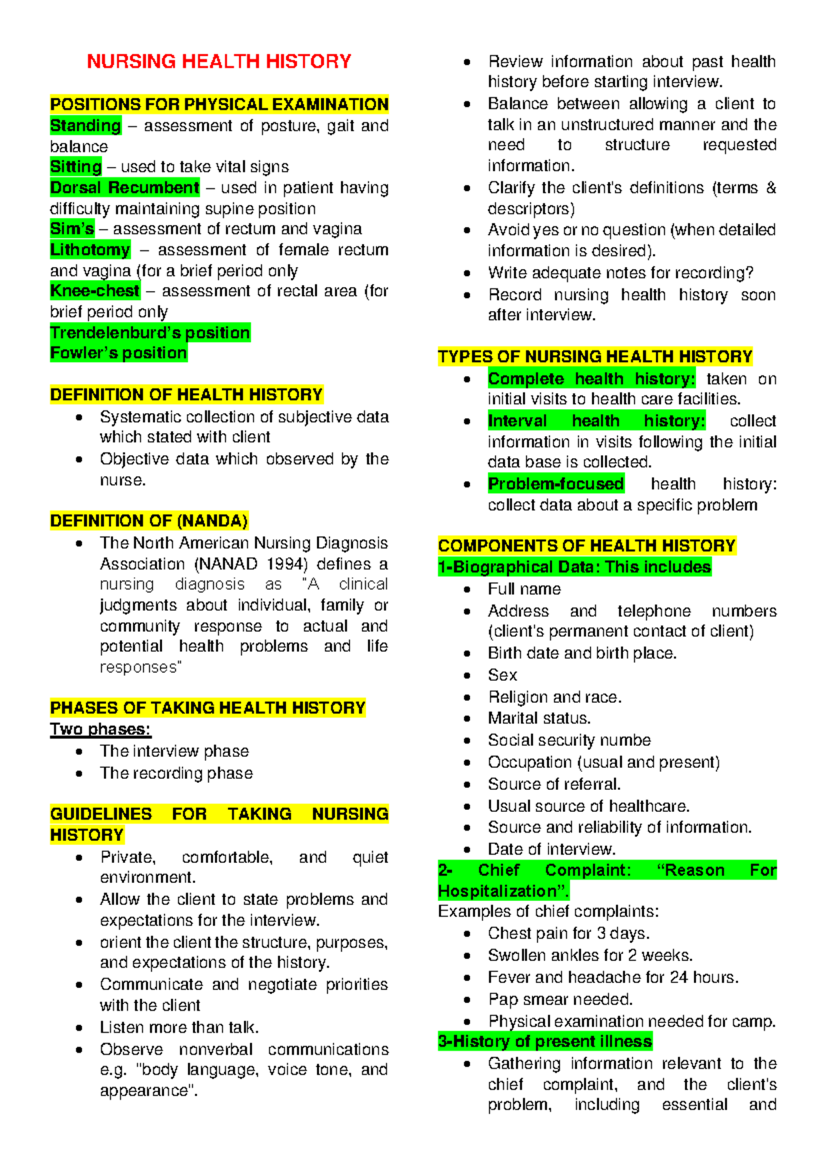 HA LEC Nursing Health History: Prelims Study Guide - Studocu