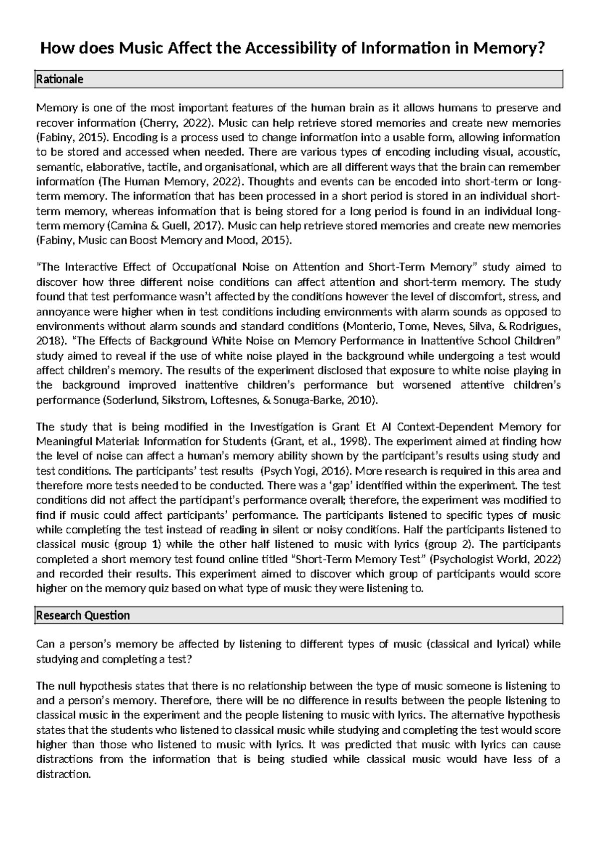 IA2 Research Investigation: The Impact of Music on Memory Accessibility ...