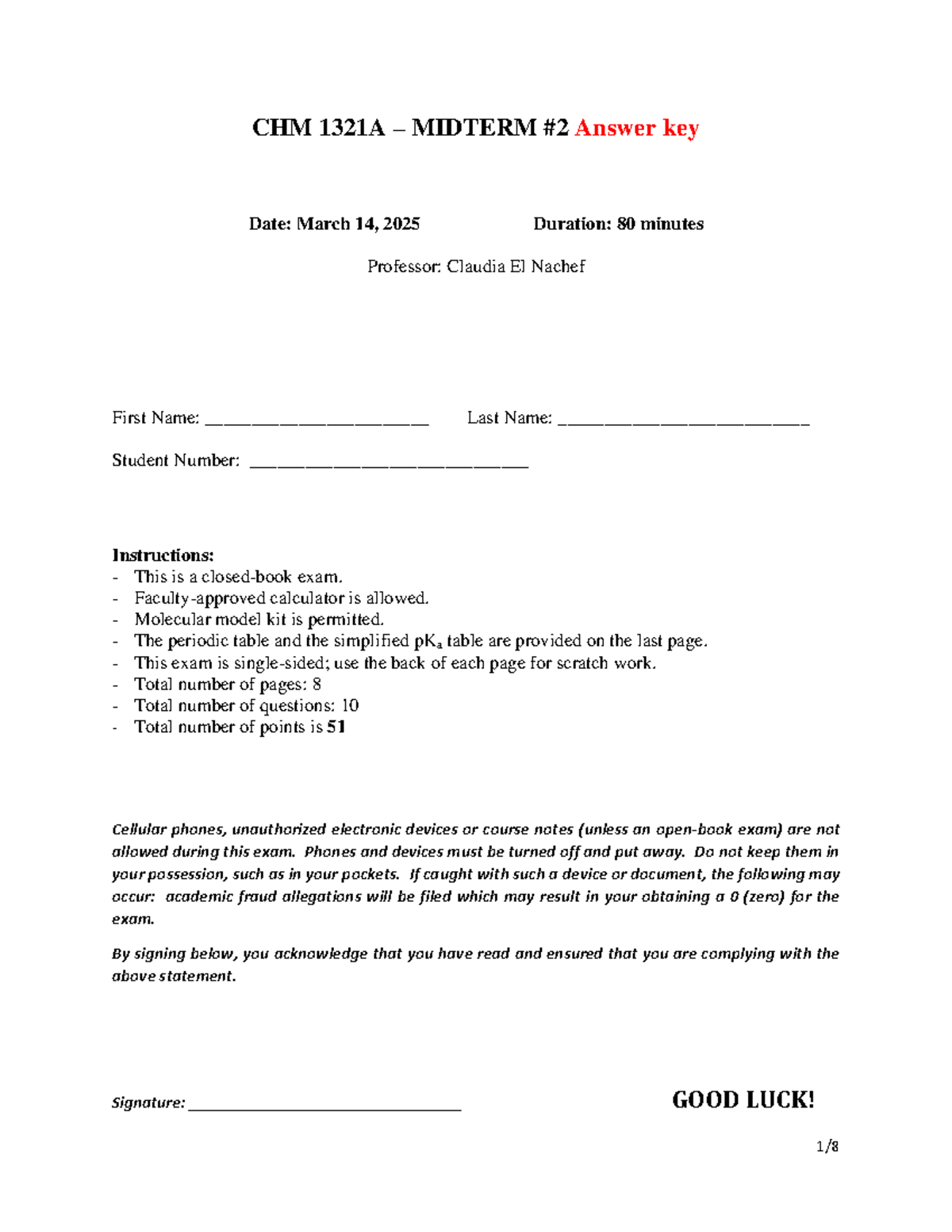 Chm 1321A midterm 2 answer key - March 14, 2025 - Studocu