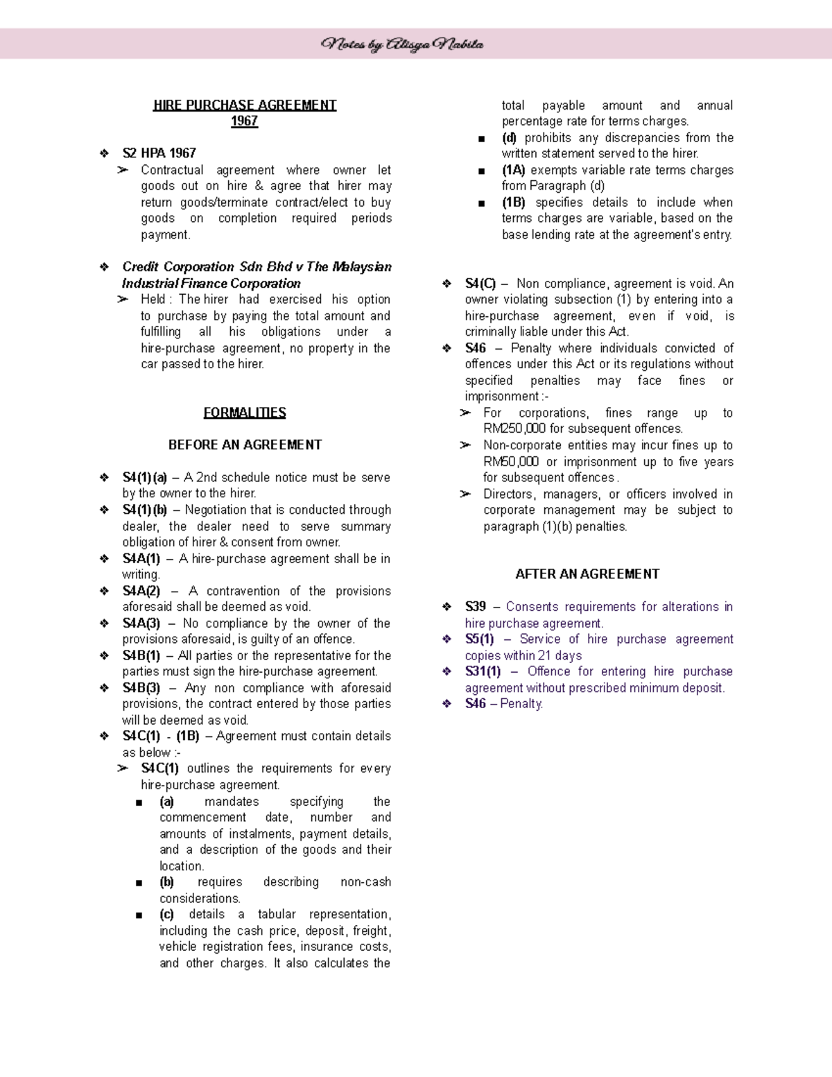 LAW574 Specific Contract Notes - HIRE PURCHASE AGREEMENT 1967 S2 HPA ...