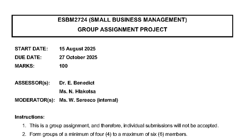 ESBM2724 Small Business Management Group Assignment 2025 - Studocu