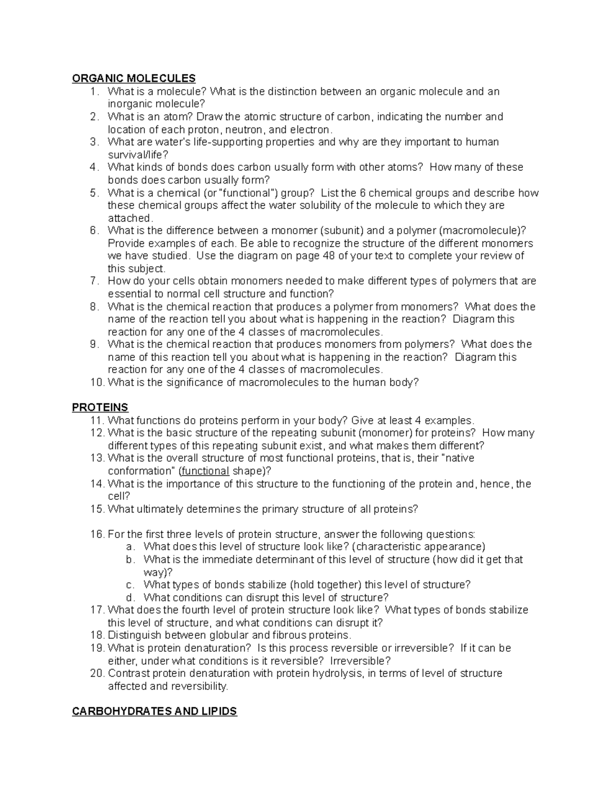 BIO 101 UNIT 2 Study Questions: Organic Molecules & Cell Structure ...
