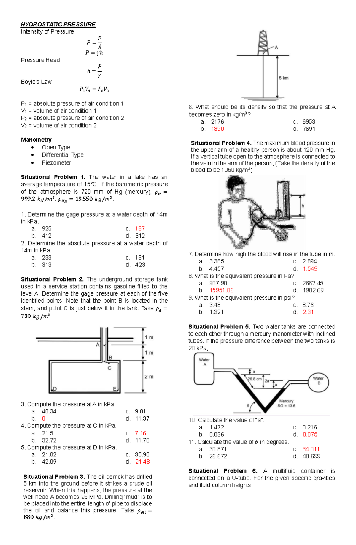 Fluid MECH 1 - Hydrostatic Pressure and Situational Problems Review ...
