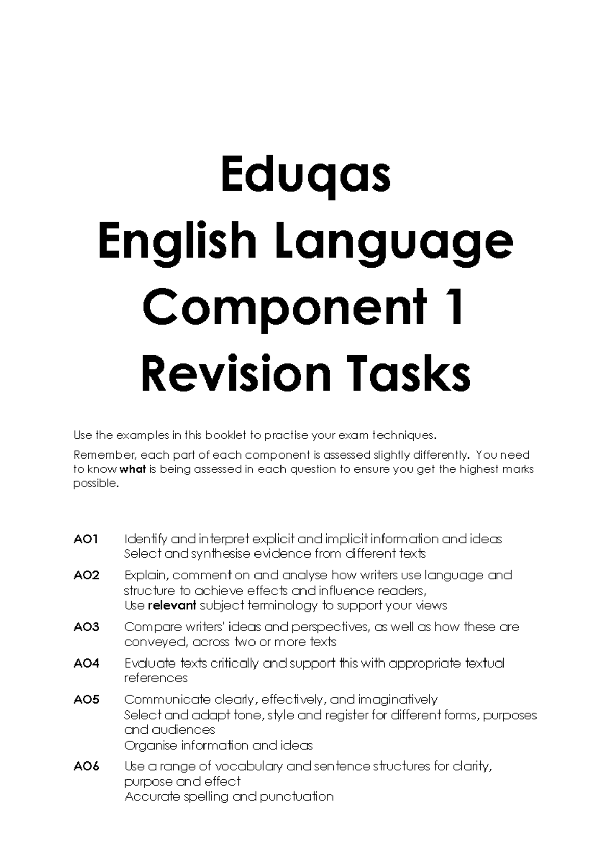 Eduqas English Language Component 1 Revision Tasks Guide - Studocu