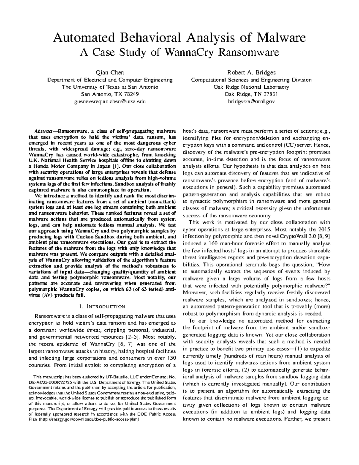 Automated Behavioral Analysis of WannaCry Ransomware: A Case Study ...