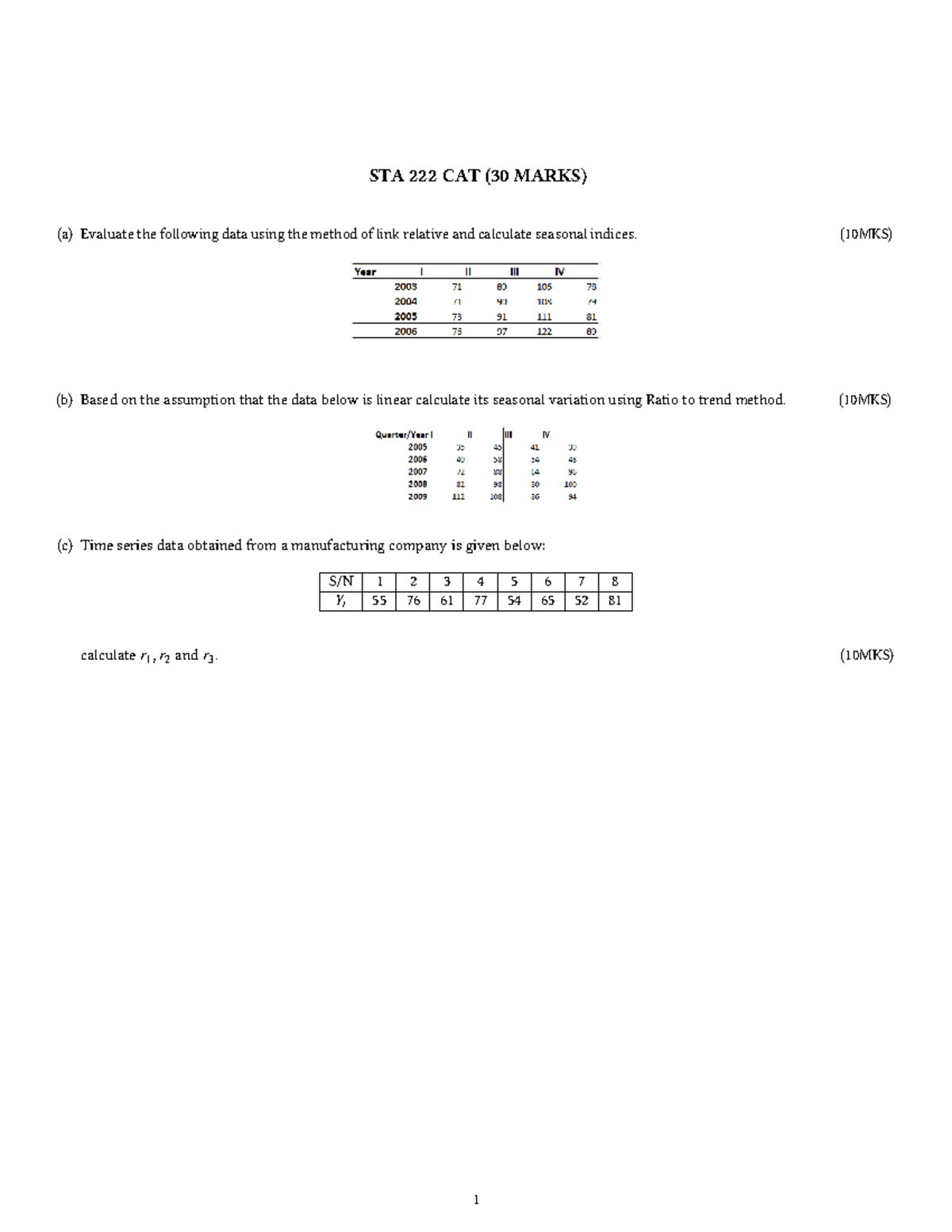 TIME Series Analysis - CAT Questions - Time Series Analysis 1 - STA 222 ...