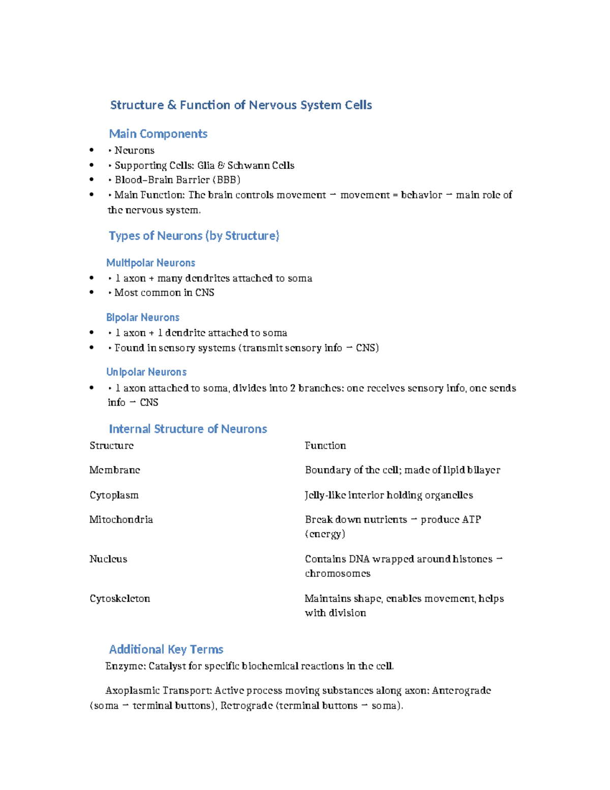 BIOL105 Lecture 4: Nervous System Cells & Their Functions Study Guide ...