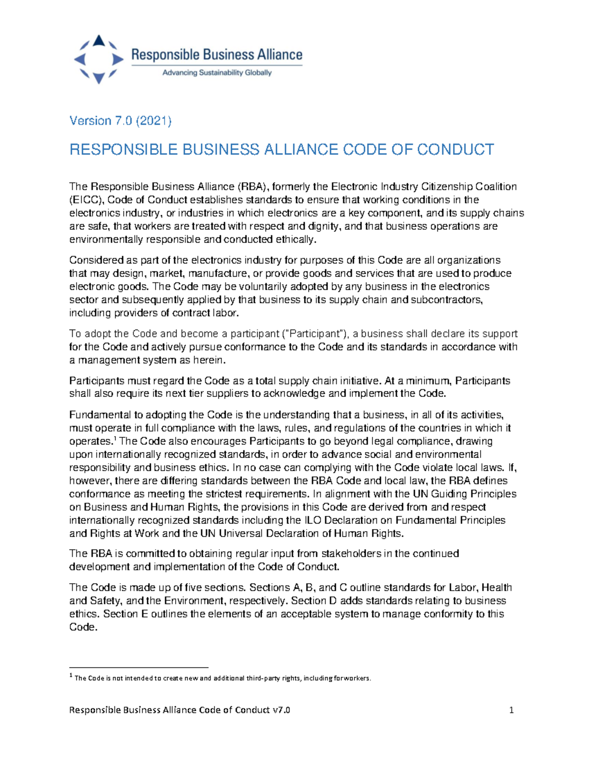 RBA Code of Conduct v7.0: Standards for Ethical Business Practices ...