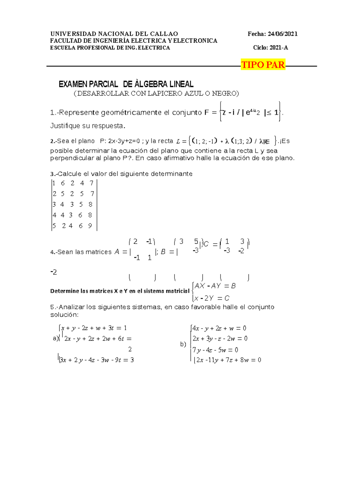 Examen Parcial .PDF. TIPO PAR . Algebra Lineal - UNAC - Studocu