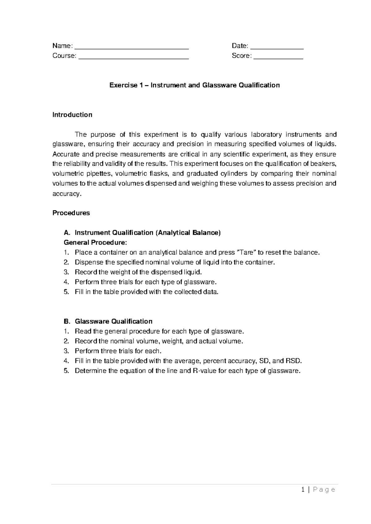Exercise 1 Instrument and Glassware Qualification - Name ...