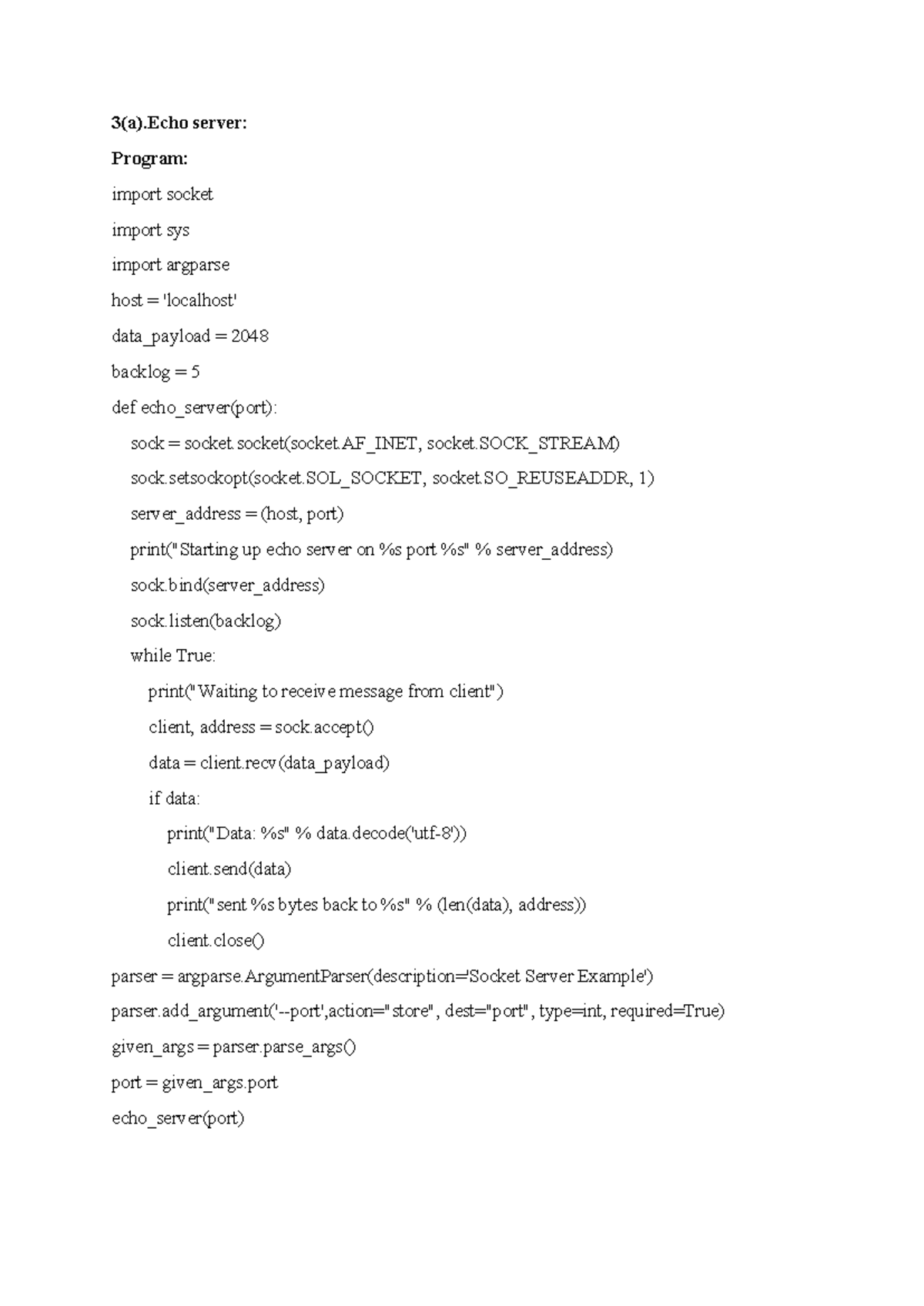 Lab Experiment 3(a): Echo Server and Client Implementation - Studocu