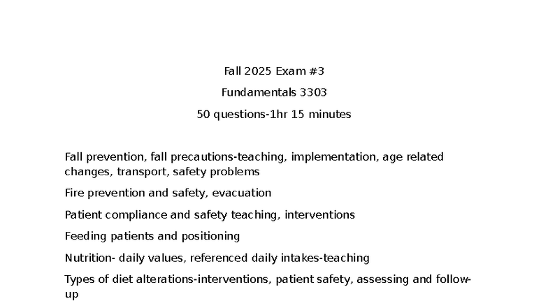 Fall 2025 Exam #3: Fundamentals 3303 Safety & Interventions - Studocu