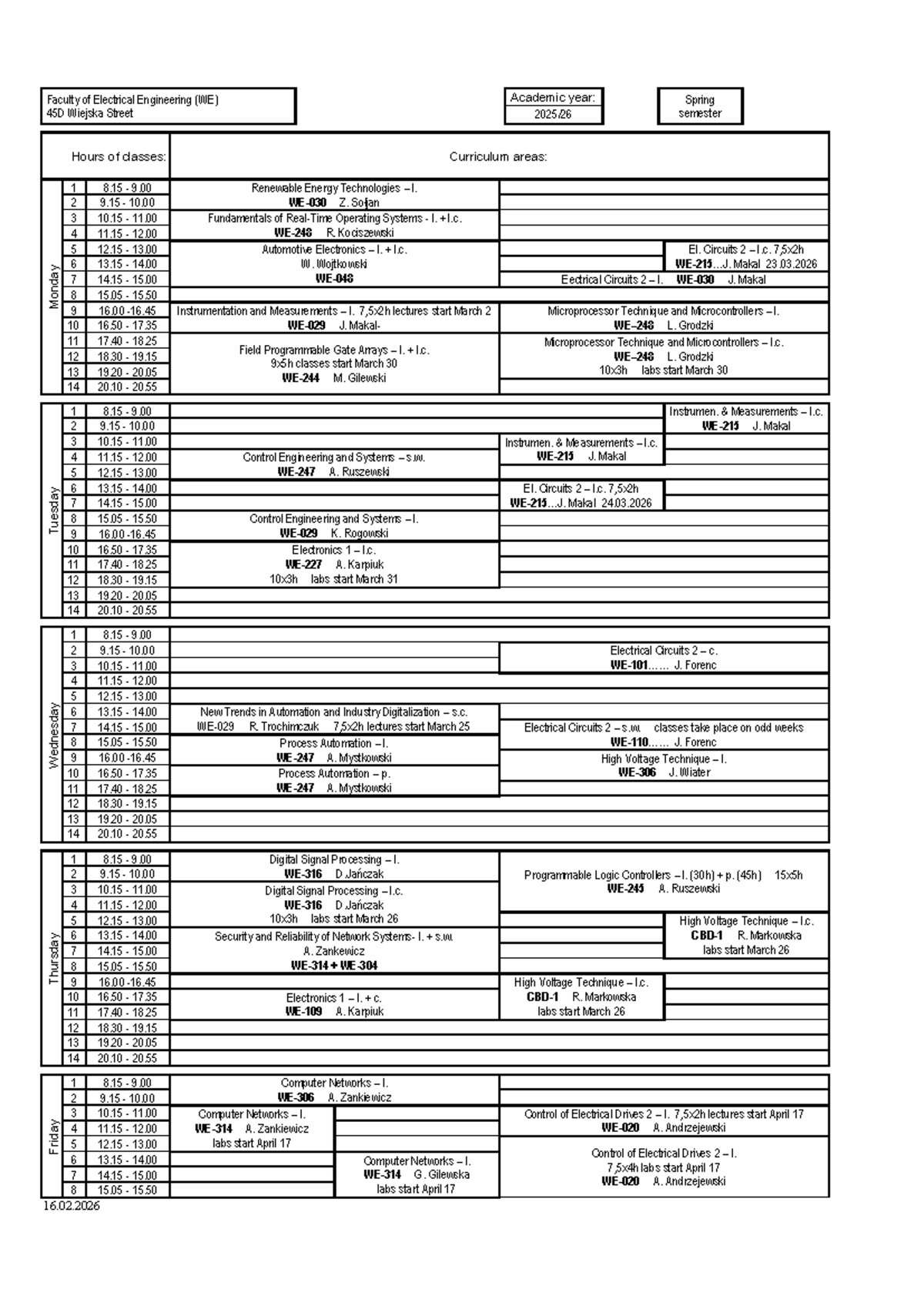 WE 45D Spring Semester Class Schedule and Curriculum Overview - Studocu