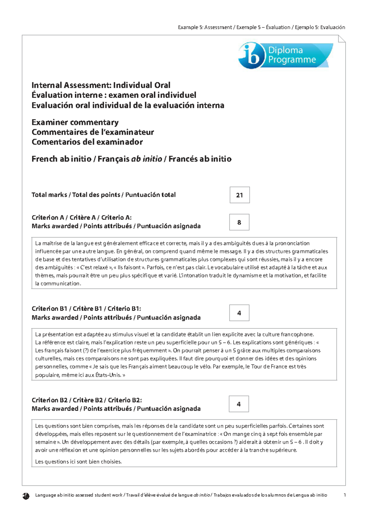 IB French Ab Initio Internal Assessment: Oral Evaluation Commentary ...