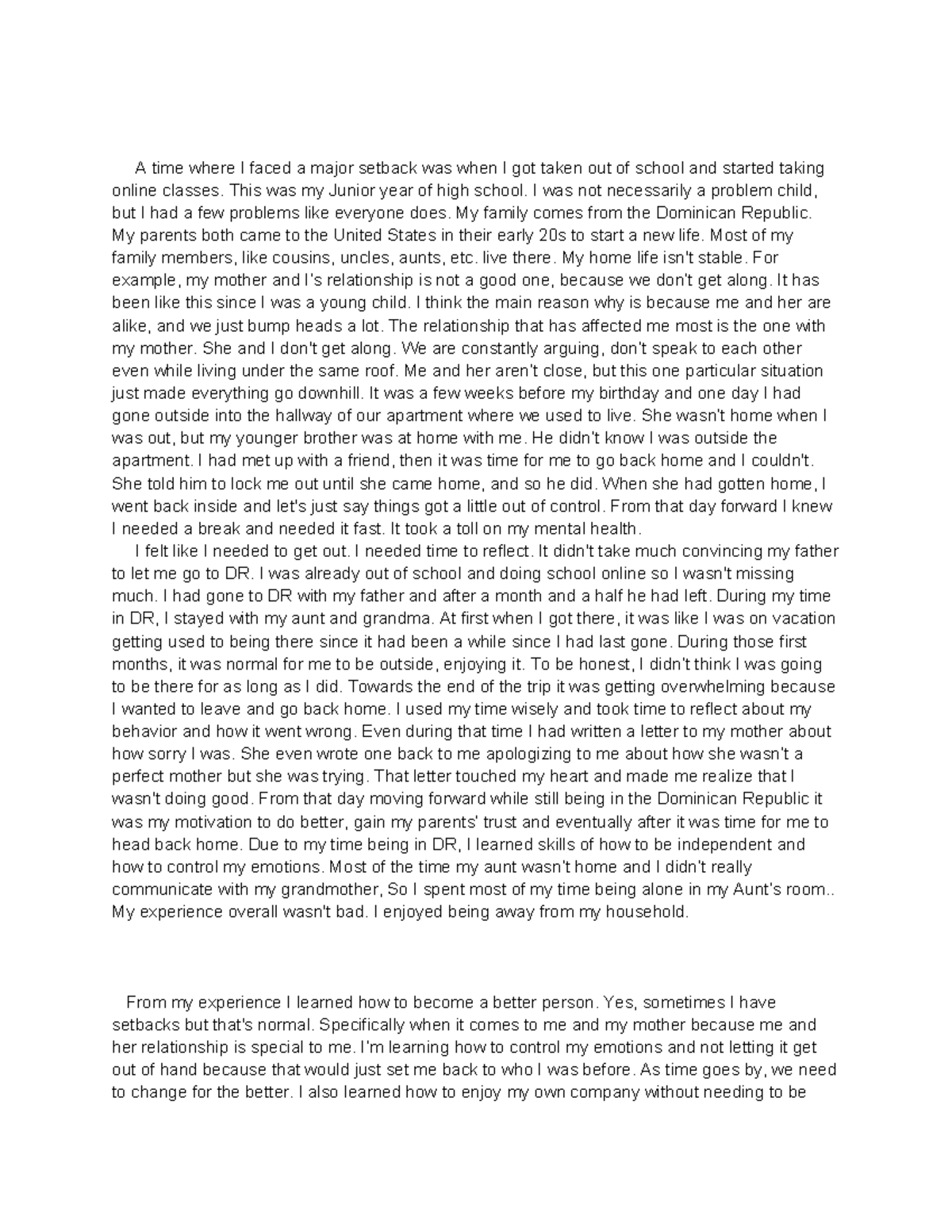 College Essay: Overcoming Setbacks and Personal Growth Journey - Studocu