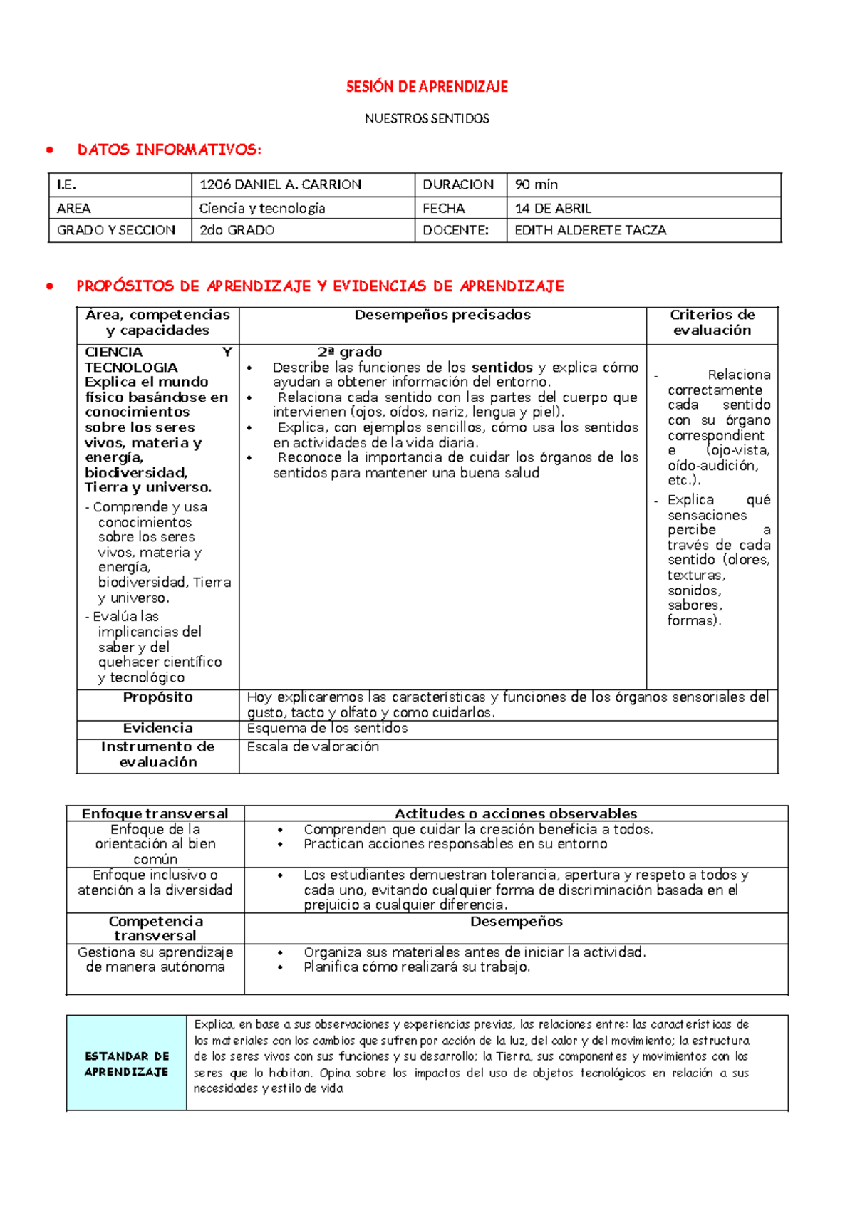 D3 CT Sesión de Aprendizaje: Nuestros Sentidos en 2do Grado - Document Preview