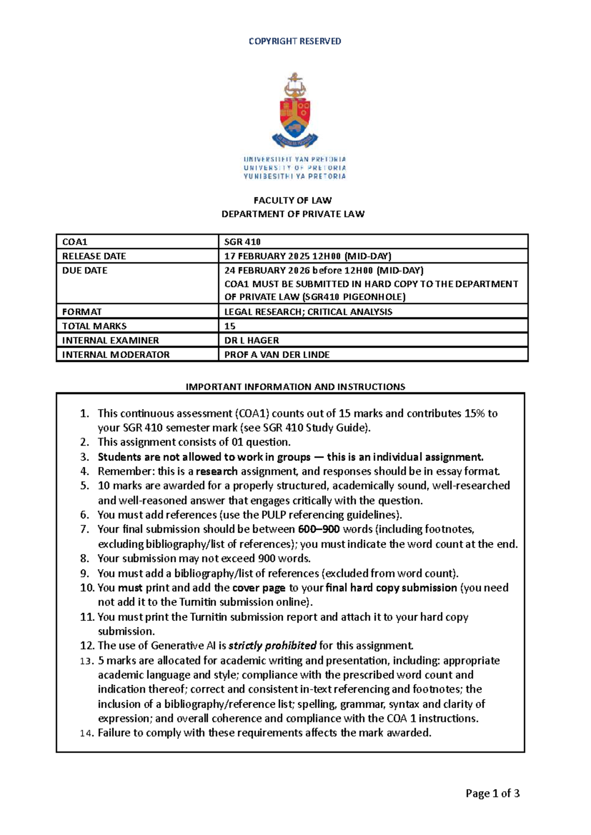 SGR 410 COA1 - Legal Critical Analysis Assignment Guidelines - Studocu